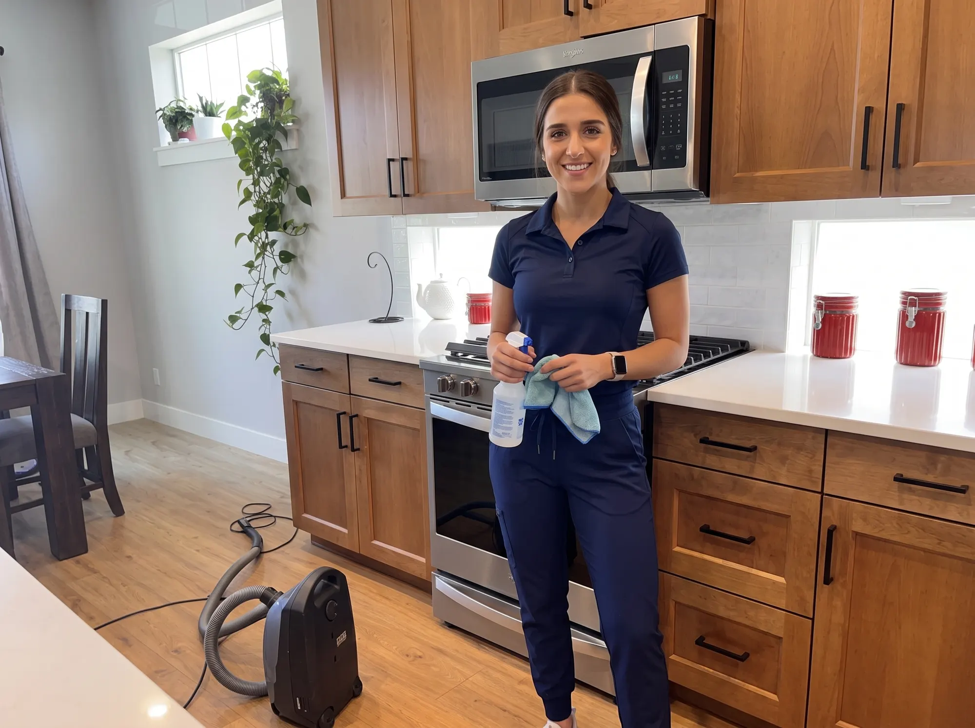 House cleaner in a Vancouver WA kitchen with a vacuum and cleaning supplies
